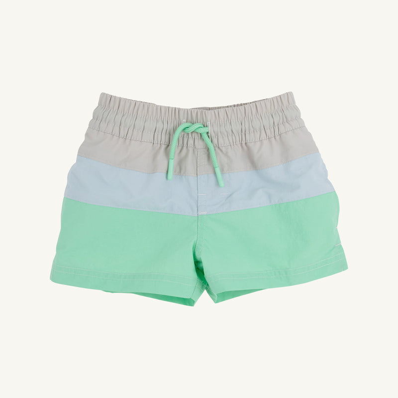 Country Club Colorblock Trunks - Sandy Springs Stone, Buckhead Blue, & Grace Bay Green with Worth Avenue White Stork