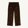 The Beaufort Bonnet Company’s Critter Prep School Pants in Chelsea Chocolate Corduroy feature adorable fox embroidery with petite red and white fox faces and green plants scattered throughout, making these charming kids’ fall pants.