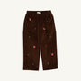 The Beaufort Bonnet Company Critter Sheffield Pants in Chelsea Chocolate Corduroy feature an elastic waistband, delightful fox embroidery, and tiny green leaves, shown on a plain white background.