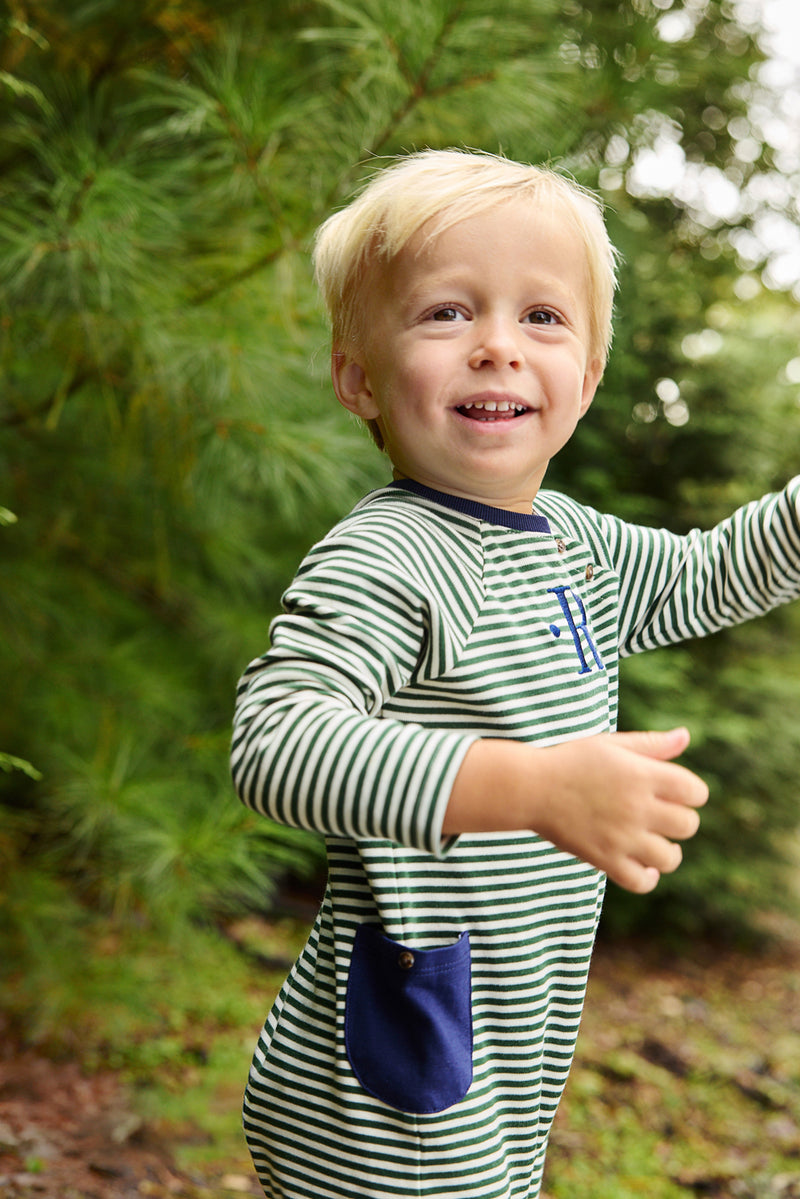 Rayburn Romper - Grier Green Stripe with Nantucket Navy
