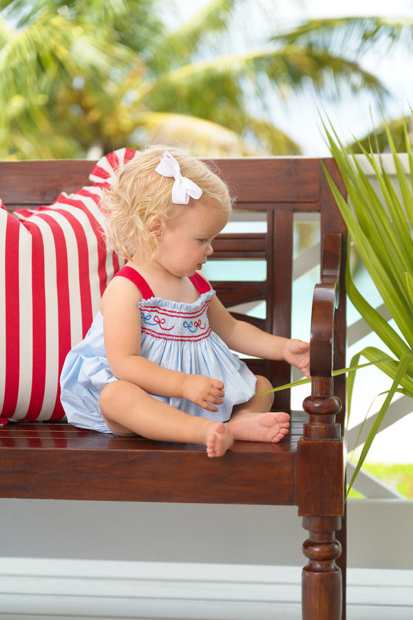 Bitsy Bubble - Buckhead Blue with Richmond Red & Bow Smocking