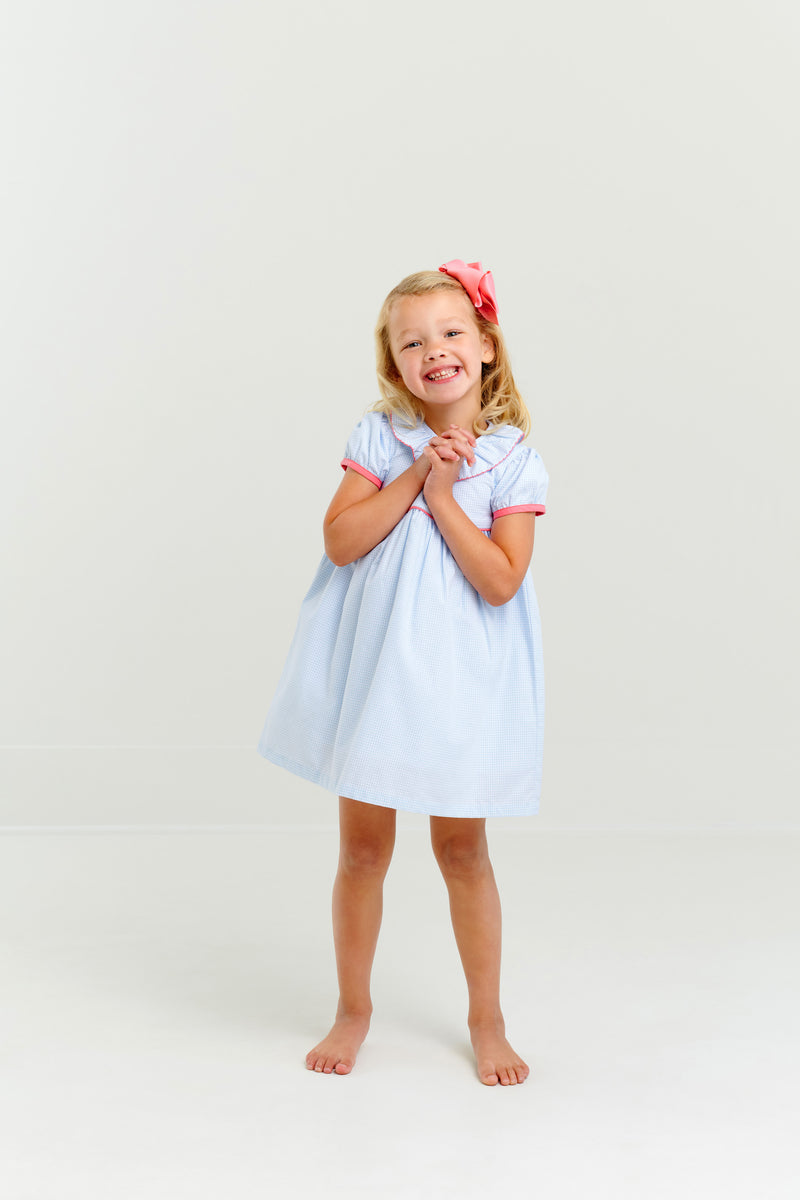 Ramona Ruffle Dress - Barrington Blue Mini Windowpane with Parrot Cay Coral