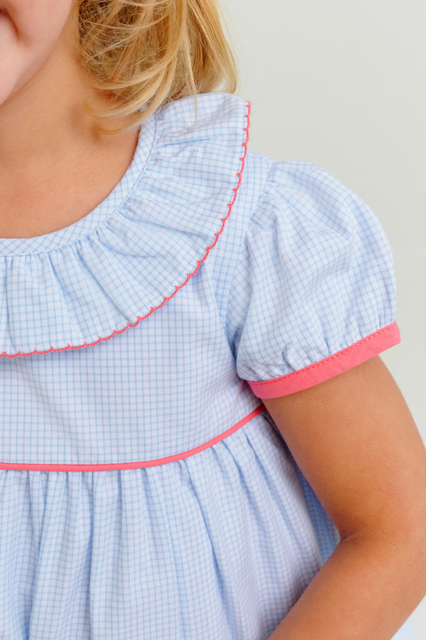 Ramona Ruffle Dress - Barrington Blue Mini Windowpane with Parrot Cay Coral