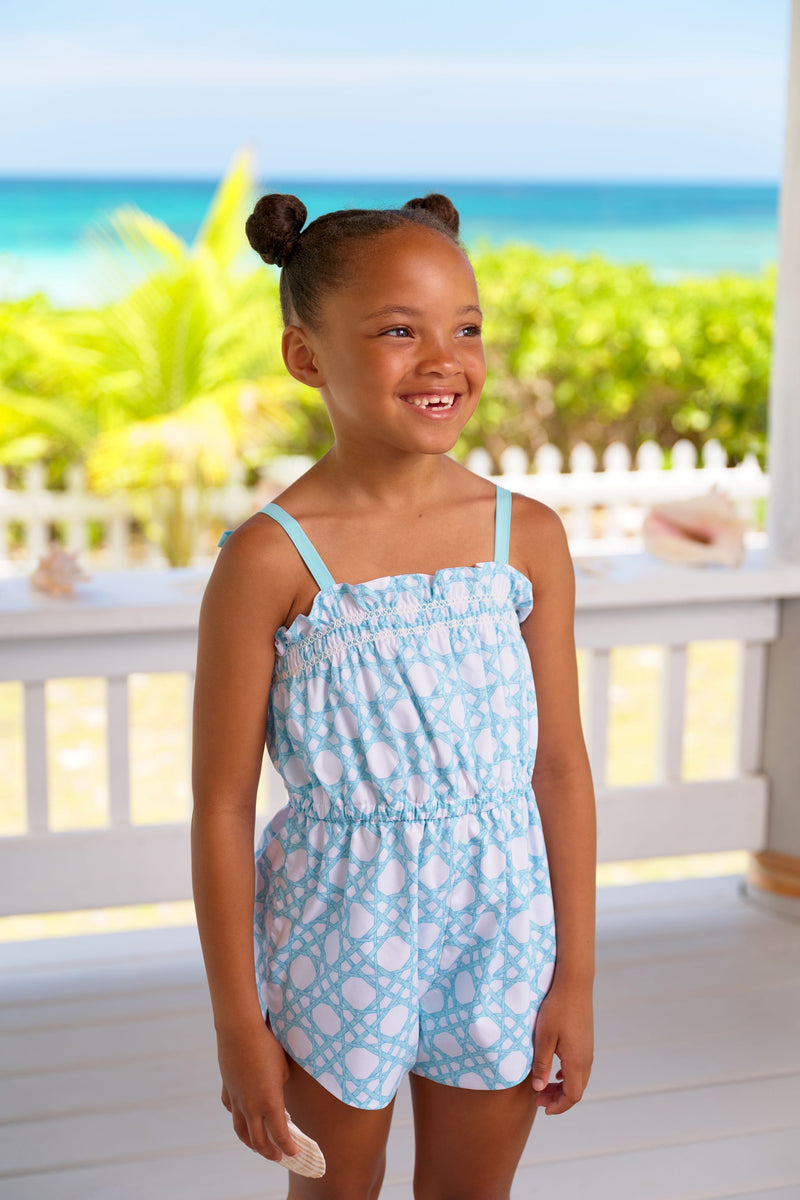 Rosey Romper - Catamaran Cane with Edisto Egg Blue