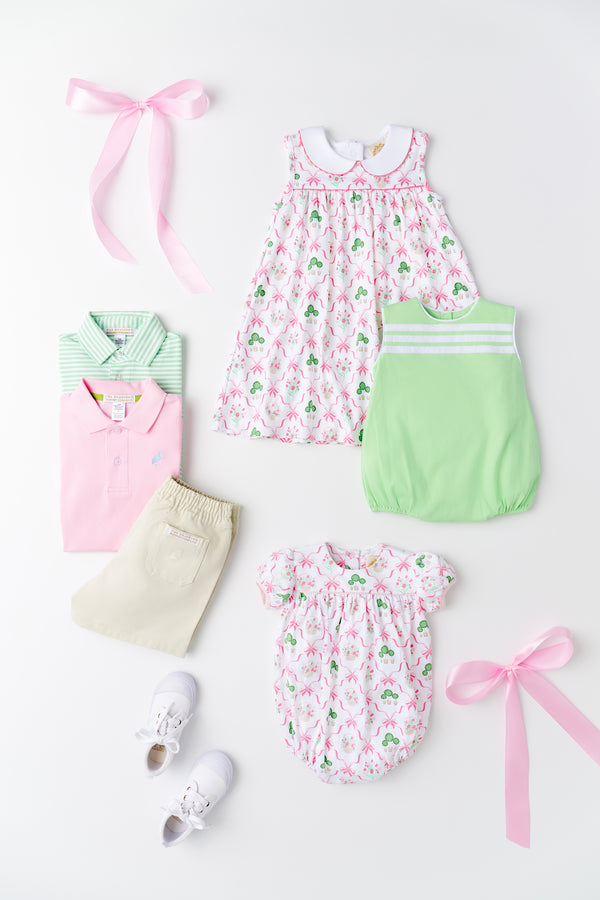 Prim & Proper Polo & Onesie - Grace Bay Green Stripe with Multicolor Stork