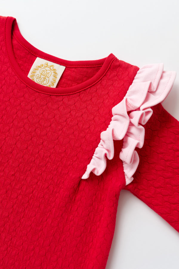 Long Sleeve Ruehling Ruffle Dress (Quilted) - Richmond Red with Palm Beach Pink