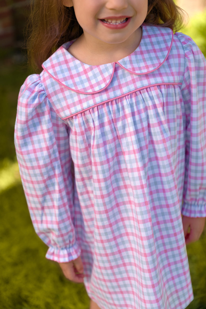 Long Sleeve Maerin Fitz Frock (Flannel) - Barrington Blue & Hamptons Hot Pink Gingham
