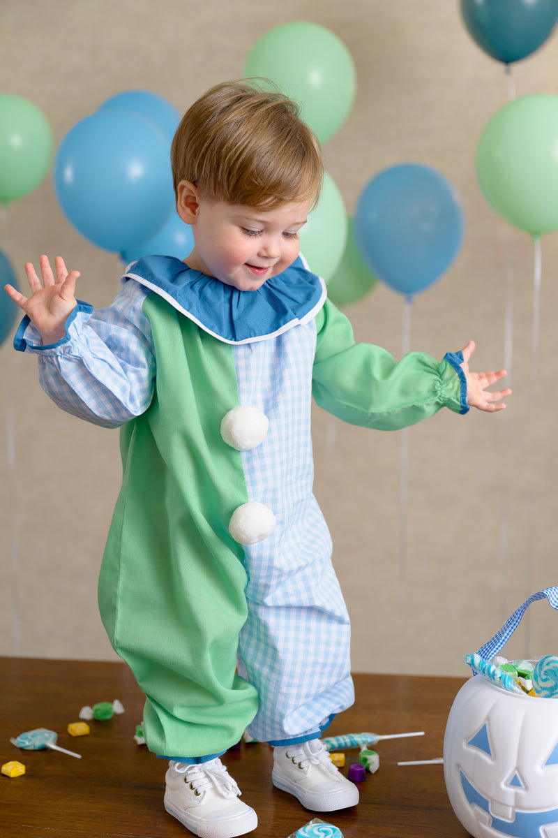 Happy Halloween Clown Costume (Romper) Grace Bay Green with Beale Street Blue Gingham 0/6m