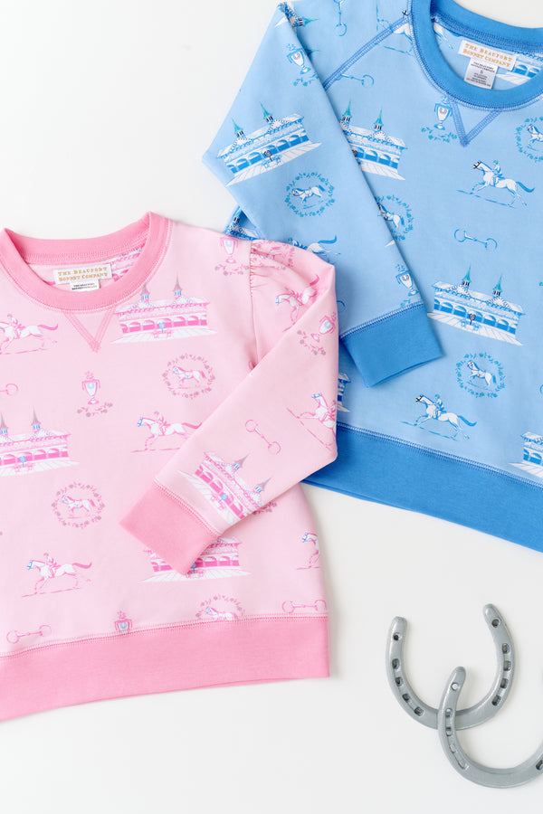 Puff Sleeve Cassidy Comfy Crewneck - A Day at the Derby (Palm Beach Pink) with Hamptons Hot Pink