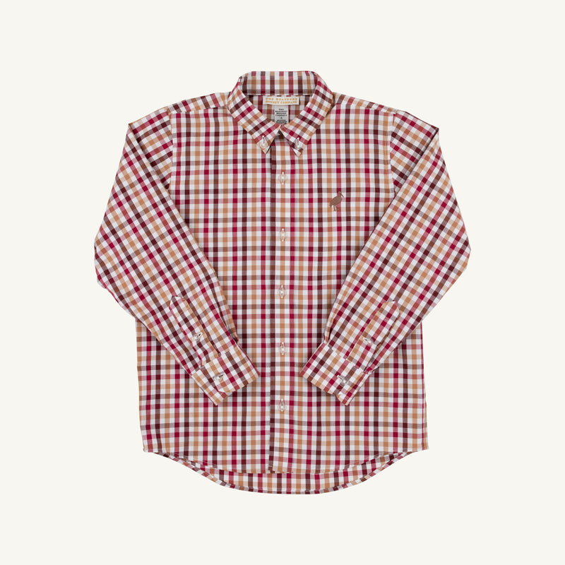 Long-sleeve, button-down boys’ dress shirt with a red, white, and brown plaid pattern by The Beaufort Bonnet Company, displayed flat on a white background. The Dean’s List Dress Shirt – Easton Pond Plaid offers a classic look for any occasion.