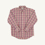 Long-sleeve, button-down boys’ dress shirt with a red, white, and brown plaid pattern by The Beaufort Bonnet Company, displayed flat on a white background. The Dean’s List Dress Shirt – Easton Pond Plaid offers a classic look for any occasion.