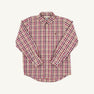 Long-sleeve, button-down boys’ dress shirt with a red, white, and brown plaid pattern by The Beaufort Bonnet Company, displayed flat on a white background. The Dean’s List Dress Shirt – Easton Pond Plaid offers a classic look for any occasion.