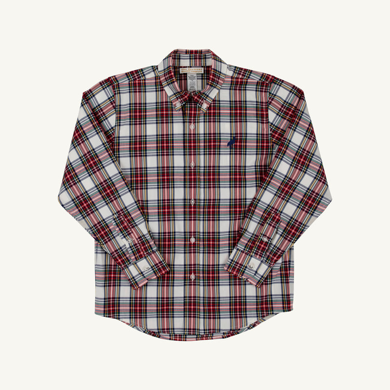 Dean’s List Dress Shirt - Paris Pike Plaid with Nantucket Navy Stork long-sleeved button-down shirt in a red, white, and blue pattern with a small dark blue stork embroidery on the chest.