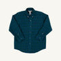 The Dean’s List Dress Shirt - Woodlake Point Plaid by The Beaufort Bonnet Company, a boys’ long-sleeve button-up dress shirt with a blue and green plaid pattern, complete with a collar and buttoned cuffs, is shown laid flat on a plain white background.