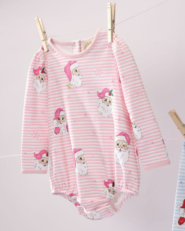 Long Sleeve Penny’s Play Bubble - Dear Santa (Palm Beach Pink Stripe) long-sleeve Pima cotton baby bubble romper with pink and white stripes and a repeating Santa Claus and snowflake pattern.