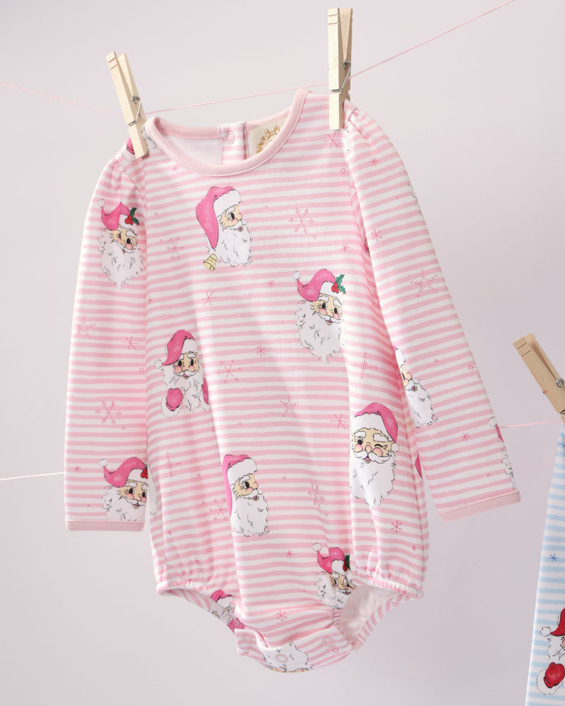 Long Sleeve Penny’s Play Bubble - Dear Santa (Palm Beach Pink Stripe) long-sleeve Pima cotton baby bubble romper with pink and white stripes and a repeating Santa Claus and snowflake pattern.