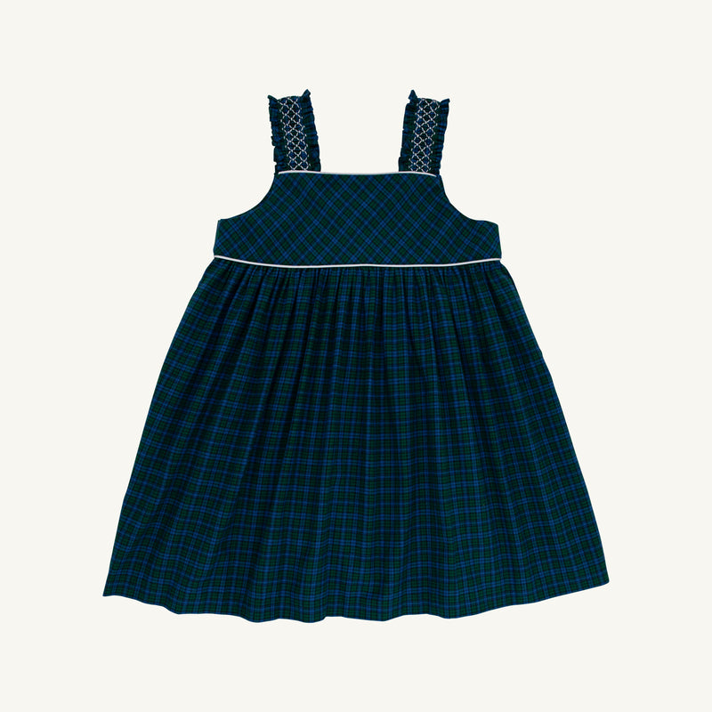 The Beaufort Bonnet Company Demi Dress - Woodlake Point Plaid with Worth Avenue White is a sleeveless fall dress for girls featuring ruffled straps, a gathered skirt, and a blue and green plaid pattern accented by white stitched detailing on the bodice. The dress is shown on a plain white background.