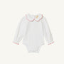 Emma’s Elbow Patch Top - Worth Avenue White with Richmond Red Flowers infant bodysuit in white Pima cotton, featuring a scalloped Peter Pan collar and ruffled sleeve cuffs, both trimmed in red.