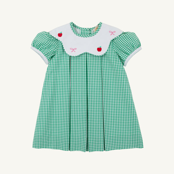 Frenchy Frock - Gibson Island Green Mini Gingham with Apple & Bow Embroidery