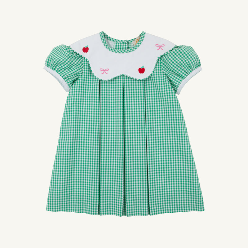 Frenchy Frock - Gibson Island Green Mini Gingham with Apple & Bow Embroidery