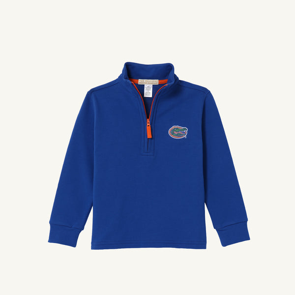 A Florida blue Hayword Half-Zip pullover sweatshirt by The Beaufort Bonnet Company, featuring a small University logo on the left chest and Florida green & orange accents on the zipper. This long-sleeve shirt has a stand-up collar—perfect for Gator gameday.