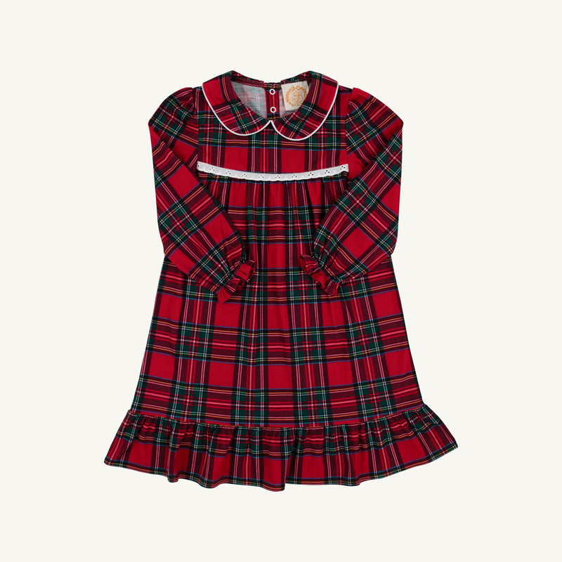 Goldie Locks Nightgown - Society Prep Plaid with Worth Avenue White, a long-sleeved red, green, and blue plaid nightgown featuring a white collar, lace trim at the chest, and a ruffled hem.