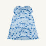 Introducing the Grandccasion™ Delaney Dinner Dress - Bagley Bows (Beale Street Blue) from The Beaufort Bonnet Company, a sleeveless girls’ special occasion dress featuring a ruffled collar and armholes, adorned with an all-over blue bow pattern. With its soft, glossy finish and elegant A-line silhouette, this dress is the perfect choice for holiday parties.