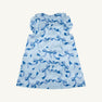 Introducing the Grandccasion™ Delaney Dinner Dress - Bagley Bows (Beale Street Blue) from The Beaufort Bonnet Company, a sleeveless girls’ special occasion dress featuring a ruffled collar and armholes, adorned with an all-over blue bow pattern. With its soft, glossy finish and elegant A-line silhouette, this dress is the perfect choice for holiday parties.