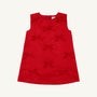 Sleeveless Grandccasion™ Jilly Jumper in Richmond Red Taffeta from The Beaufort Bonnet Company, featuring a simple A-line silhouette adorned with multiple small red fabric bows on the front. Set against a plain white background, this girls’ special occasion dress stands out beautifully.