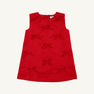 Sleeveless Grandccasion™ Jilly Jumper in Richmond Red Taffeta from The Beaufort Bonnet Company, featuring a simple A-line silhouette adorned with multiple small red fabric bows on the front. Set against a plain white background, this girls’ special occasion dress stands out beautifully.