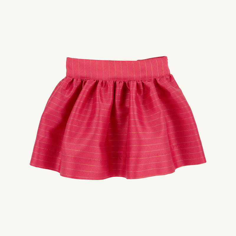 The Grandccasion™ McPrimm Party Skirt in Raleigh Raspberry Metallic Stripe by The Beaufort Bonnet Company features a high waistband and subtle horizontal metallic stripes in a festive pink shade, beautifully displayed against a plain white background—ideal for holiday celebrations.