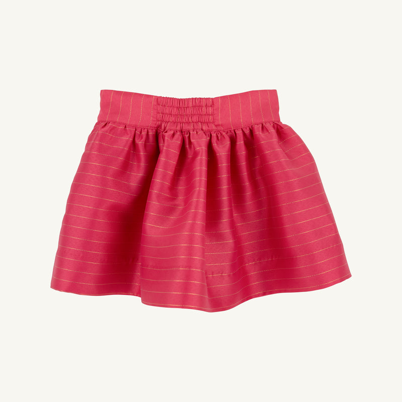 The Grandccasion™ McPrimm Party Skirt in Raleigh Raspberry Metallic Stripe by The Beaufort Bonnet Company features a flared, gathered design with subtle metallic stripes and a wide elastic waistband—making it the perfect choice for holiday parties.