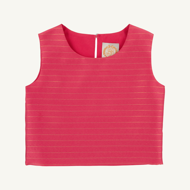 The Grandccasion™ Tessa Top - Raleigh Raspberry Metallic Stripe by The Beaufort Bonnet Company is a sleeveless pink crop top adorned with delicate horizontal gold metallic stripes, featuring a round neckline and a small keyhole opening with a button at the back. This elegant top from the Raleigh Raspberry Metallic Stripe collection is perfect for holiday celebrations.
