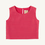 The Grandccasion™ Tessa Top - Raleigh Raspberry Metallic Stripe by The Beaufort Bonnet Company is a sleeveless pink crop top adorned with delicate horizontal gold metallic stripes, featuring a round neckline and a small keyhole opening with a button at the back. This elegant top from the Raleigh Raspberry Metallic Stripe collection is perfect for holiday celebrations.