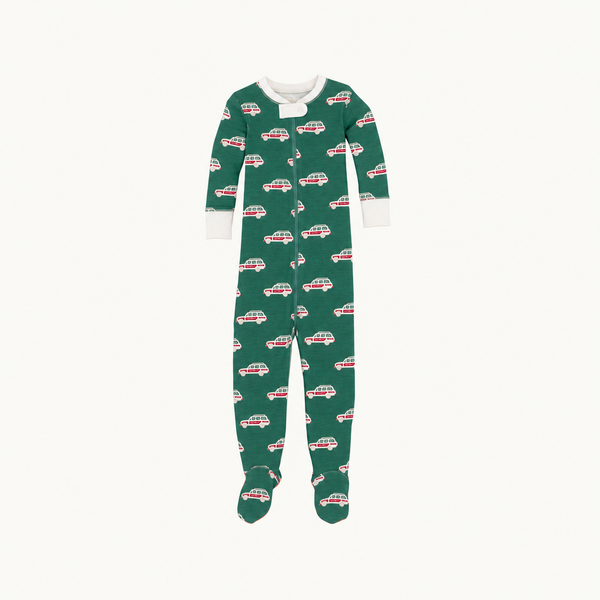 Fallon Footie Pajamas - Windsor Wagon (Grier Green) with Palmetto Pearl in green cotton jersey knit featuring a repeating Christmas-themed pattern of small red and white station wagons, with white trim at the neck and cuffs.