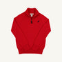 A Hayden Half-Zip Sweater in Richmond Red with a Nantucket Navy stork logo by The Beaufort Bonnet Company, crafted from 100% cotton and featuring long sleeves, ribbed cuffs and hem, is laid flat on a white background.