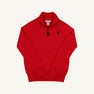 A Hayden Half-Zip Sweater in Richmond Red with a Nantucket Navy stork logo by The Beaufort Bonnet Company, crafted from 100% cotton and featuring long sleeves, ribbed cuffs and hem, is laid flat on a white background.