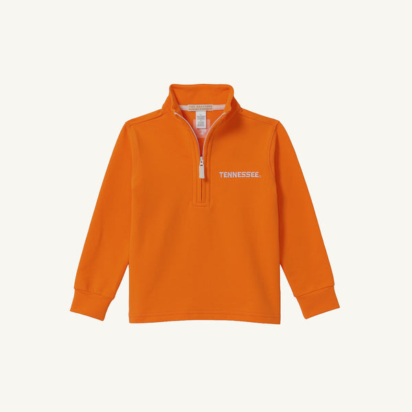 Showcase your Vols spirit in the Tennessee Hayword Half-Zip by The Beaufort Bonnet Company, styled in vibrant Tennessee Orange with Worth Avenue White embroidered TENNESSEE lettering on the left chest. This standout pullover features a stand-up collar and ribbed cuffs, making it an ideal gameday layering piece for classic Vols style. Displayed against a plain white background.