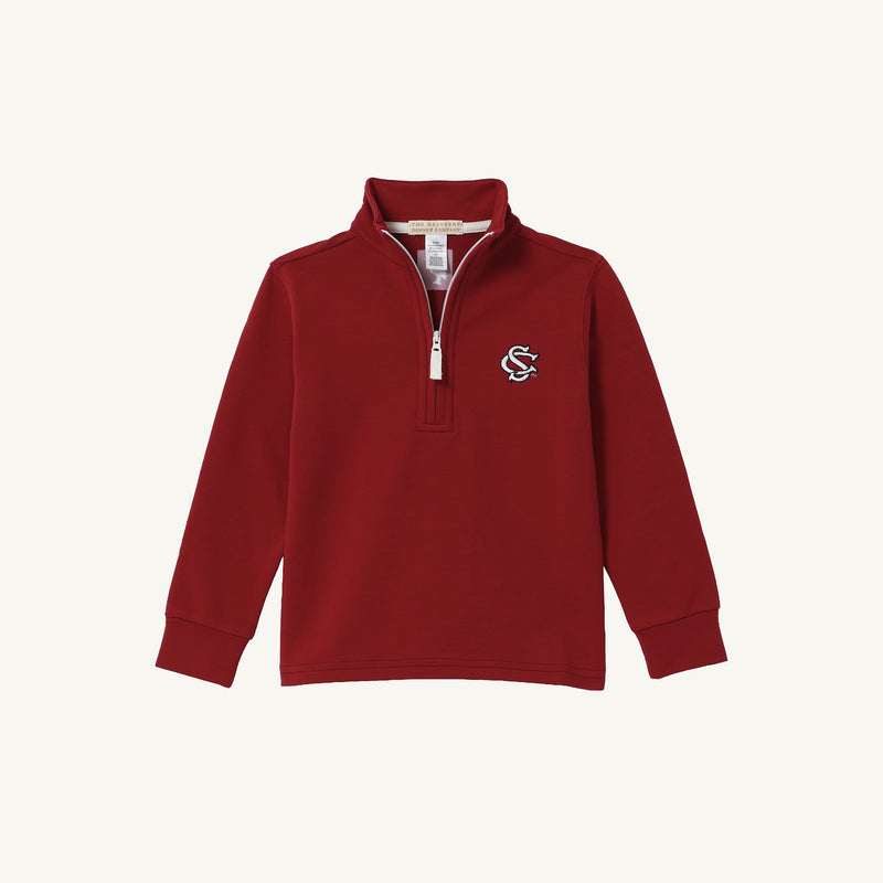 The Beaufort Bonnet Company’s USC Hayword Half-Zip in South Carolina Burgundy with Worth Avenue White features a white zipper and a white embroidered intertwined S and C logo on the left chest, displayed against a plain light background—perfect for showcasing classic Gamecock style.
