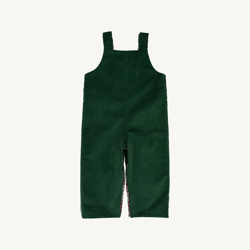 The Beaufort Bonnet Company Ivy League Longall in Grier Green Corduroy with Easton Pond Plaid, designed for boys, is displayed flat on a plain white background. This children’s longall features wide shoulder straps and straight legs.