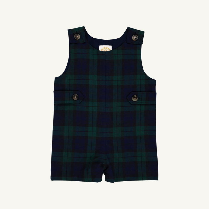 The Jack Keene Jon Jon - Berwick Black Watch by The Beaufort Bonnet Company is a sleeveless toddler romper featuring a dark green and navy plaid pattern from the Berwick Black Watch collection. With button closures on the shoulders and sides, this charming piece is laid flat against a plain white background—perfect for any little gent’s wardrobe.