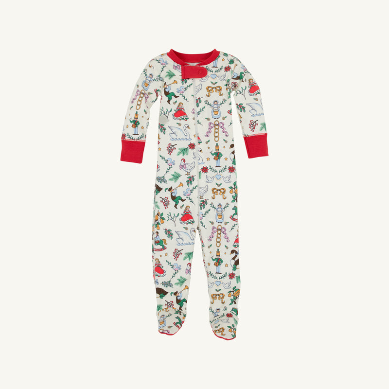 Knox’s Night Night - 12 Days of Christmas with Richmond Red by The Beaufort Bonnet Company is a children’s one-piece Pima cotton pajamas featuring long sleeves, red cuffs, and a vibrant woodland animal and mushroom print on a white background. Ideal for holiday sleepwear or Christmas pajamas.