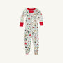Knox’s Night Night - 12 Days of Christmas with Richmond Red by The Beaufort Bonnet Company is a children’s one-piece Pima cotton pajamas featuring long sleeves, red cuffs, and a vibrant woodland animal and mushroom print on a white background. Ideal for holiday sleepwear or Christmas pajamas.