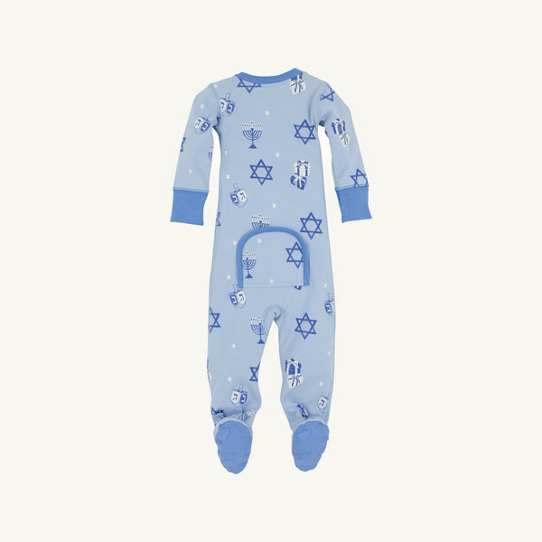 Knox’s Night Night - Eight Nights to Remember by The Beaufort Bonnet Company: These light blue Hanukkah pajamas for infants feature Stars of David, menorahs, and dreidels. Crafted from soft Pima cotton, this onesie includes blue cuffs, feet, and a convenient back flap—perfect for festive holiday family matching.
