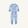 Knox’s Night Night - Eight Nights to Remember by The Beaufort Bonnet Company: These light blue Hanukkah pajamas for infants feature Stars of David, menorahs, and dreidels. Crafted from soft Pima cotton, this onesie includes blue cuffs, feet, and a convenient back flap—perfect for festive holiday family matching.