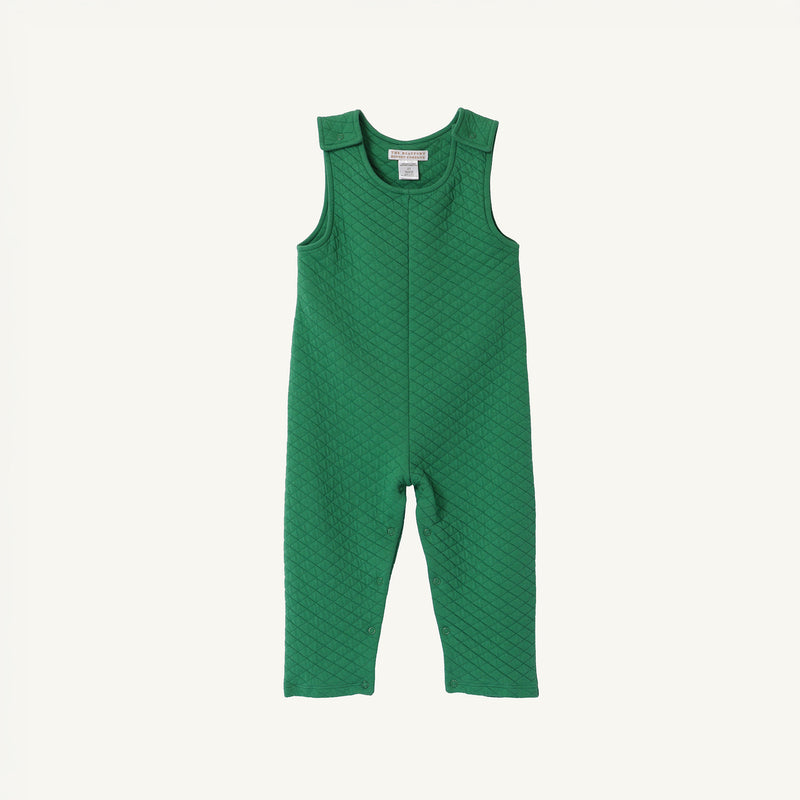 The Beaufort Bonnet Company Lawson Longall - Kiawah Kelly Green Quilted: A green, sleeveless quilted one-piece toddler jumpsuit with snap closures at the shoulders, displayed against a plain white background. Ideal for festive holiday occasions or everyday wear.