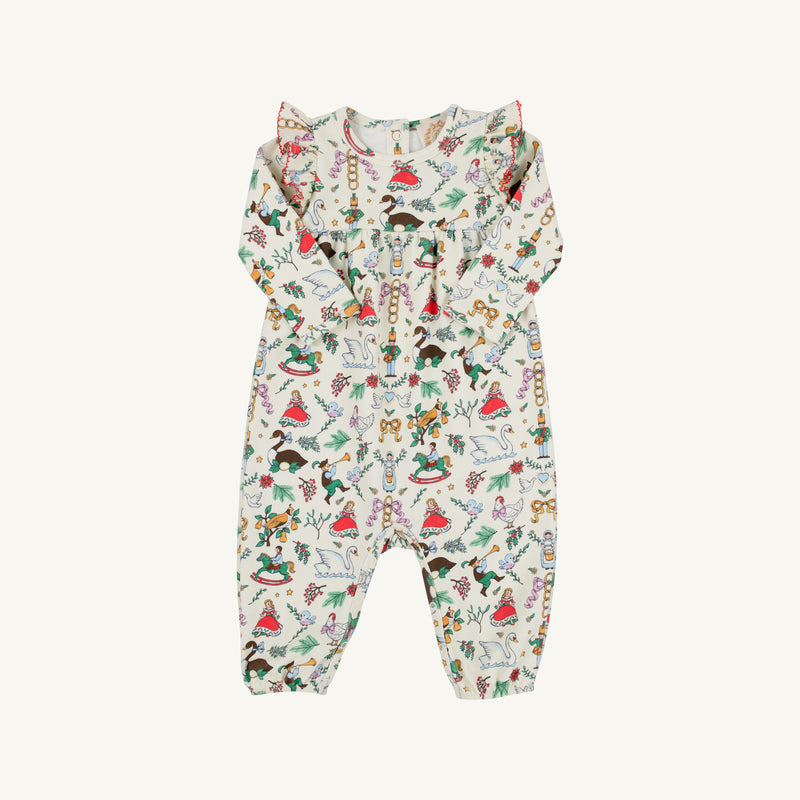 The Leigh Ann Angel Sleeve Romper - 12 Days of Christmas by The Beaufort Bonnet Company is a long-sleeve baby romper made from soft Pima Cotton, featuring an angel sleeve design with ruffle details on the shoulders and a festive print inspired by the classic “12 Days of Christmas.”.