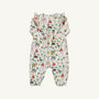 The Leigh Ann Angel Sleeve Romper - 12 Days of Christmas by The Beaufort Bonnet Company is a long-sleeve baby romper made from soft Pima Cotton, featuring an angel sleeve design with ruffle details on the shoulders and a festive print inspired by the classic “12 Days of Christmas.”.