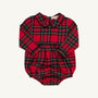 Long Sleeve Bradford Bubble in Society Prep Plaid with Nantucket Navy by The Beaufort Bonnet Company, featuring red and green plaid, long sleeves, a Peter Pan collar, and a gathered waist, displayed on a plain white background.