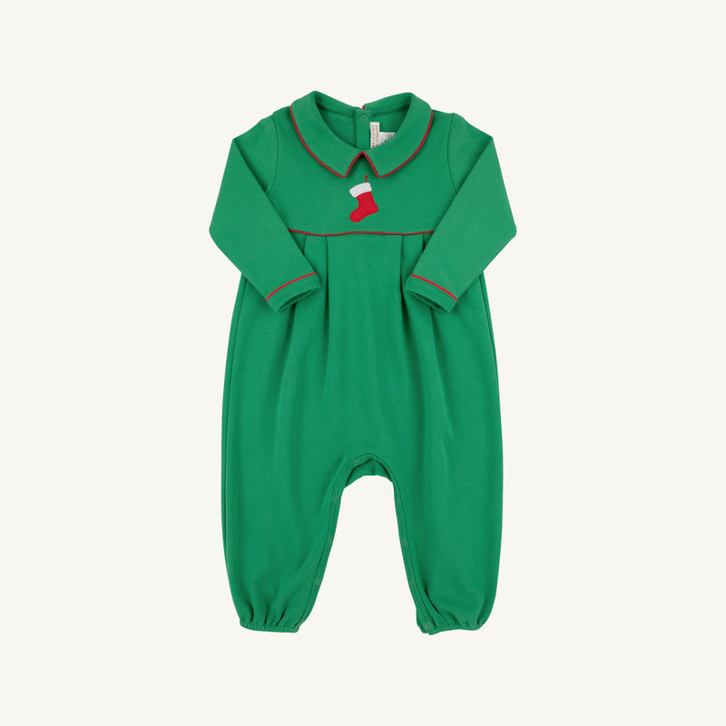 The Beaufort Bonnet Company Long Sleeve Bradford Romper in Kiawah Kelly Green features elegant red piping along the collar and chest, a festive red and white Christmas stocking embroidery on the front, and is crafted from soft Pima Cotton. Shown against a simple light background.